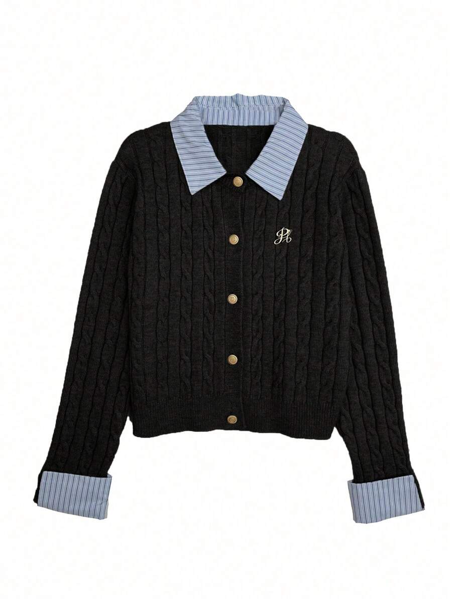 Franclia New Blogger-Style Fashionable Design Sense Preppy Style 2 In 1 Patchwork Knitted Cardigan Crop Sweater Fall Winter Cloth For Women