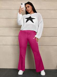 SHEIN EZwear Plus Size Fuchsia Pink Knitted Flare Pants - Hot Pink - View 6