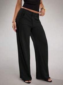 SHEIN BAE Quần ống rộng đơn giản, rộng rãi, màu vải lanh màu mơ cho nữ, cạp thấp, mặc hàng ngày, đi nghỉ và đi làm - màu đen - Xem 5