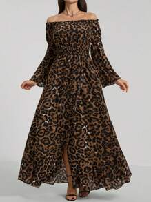 SHEIN Tall Vestido casual com estampa de leopardo, linha A, frente com babados, bainha com babados e fenda alta, estilo boêmio outono/inverno - Castanho - Ver 4