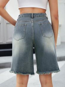 SHEIN Essnce Women's Vintage Washed Distressed Denim Shorts - Medium Wash - View 2