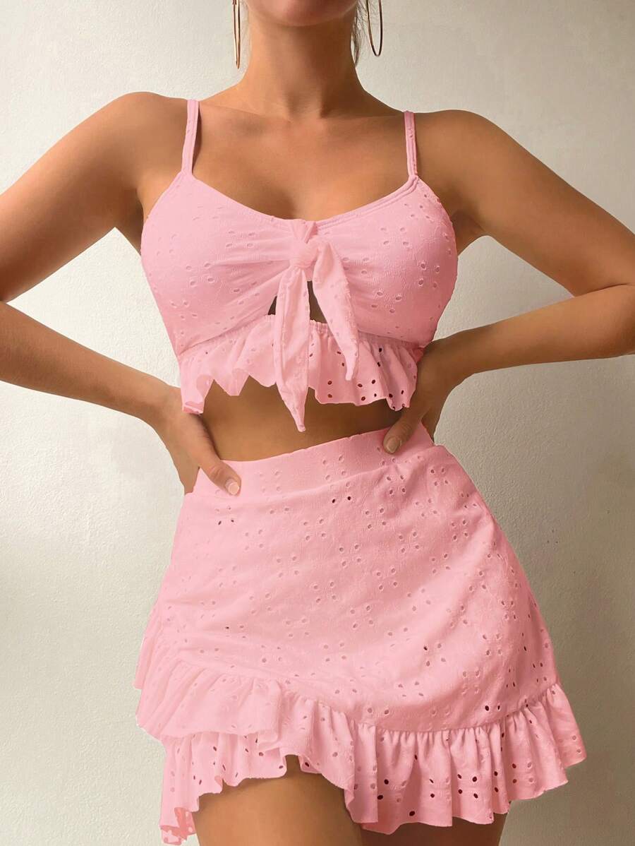 SHEIN Swim Summer Vacation Beach Solid Color Hollow Embroidery Camisole Bikini Set With Cover-Up Skirt - Pink - View 1
