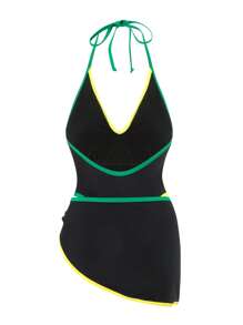 Swim SXY 女士优雅纯色细肩带彩色饰边半身裙两件套，春夏 - 黑色 - 查看 6