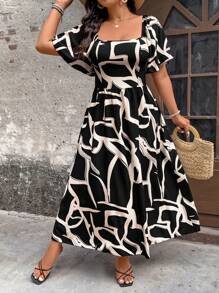 SHEIN Clasi 女士方领喇叭袖荷叶边下摆褶皱收腰花卉印花超长沙滩裙 - 黑色 - 查看 6