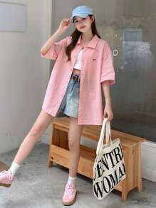 DAZY Women's Summer Oversized Bowknot Printed Drop Shoulder Casual Shirt,Short Sleeve Tops - Pink - View 2