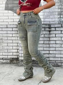SHEIN EZwear Plus Size Cargo Vintage Pockets Skinny Jeans - Blue - View 3