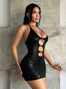 SHEIN SXY 女士性感镂空吊带紧身连衣裙 - 黑色 - 查看 4