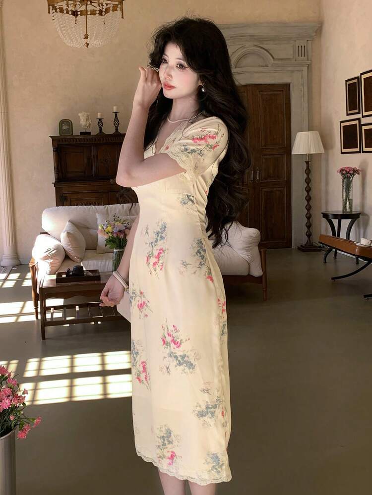 V-Neck Floral Lace Trim Mid-Long Dress For Women Elegant Sundress