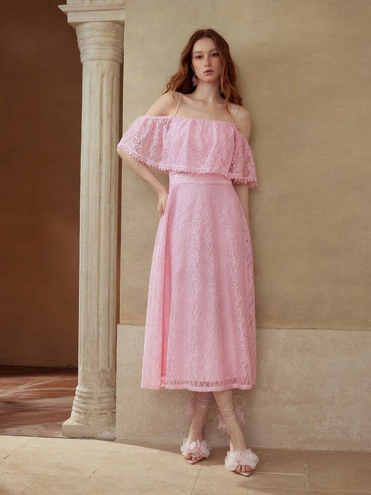 LACE RUFFLE ZIPPER DRESS