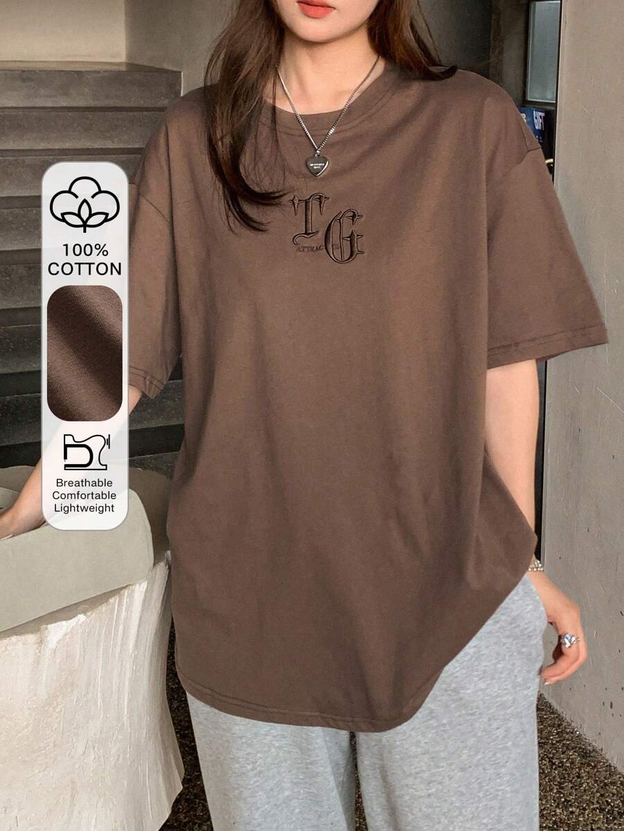 DAZY 刺绣字母图案落肩T恤 超大T恤 学院风上衣 - 咖啡棕 - 查看 1