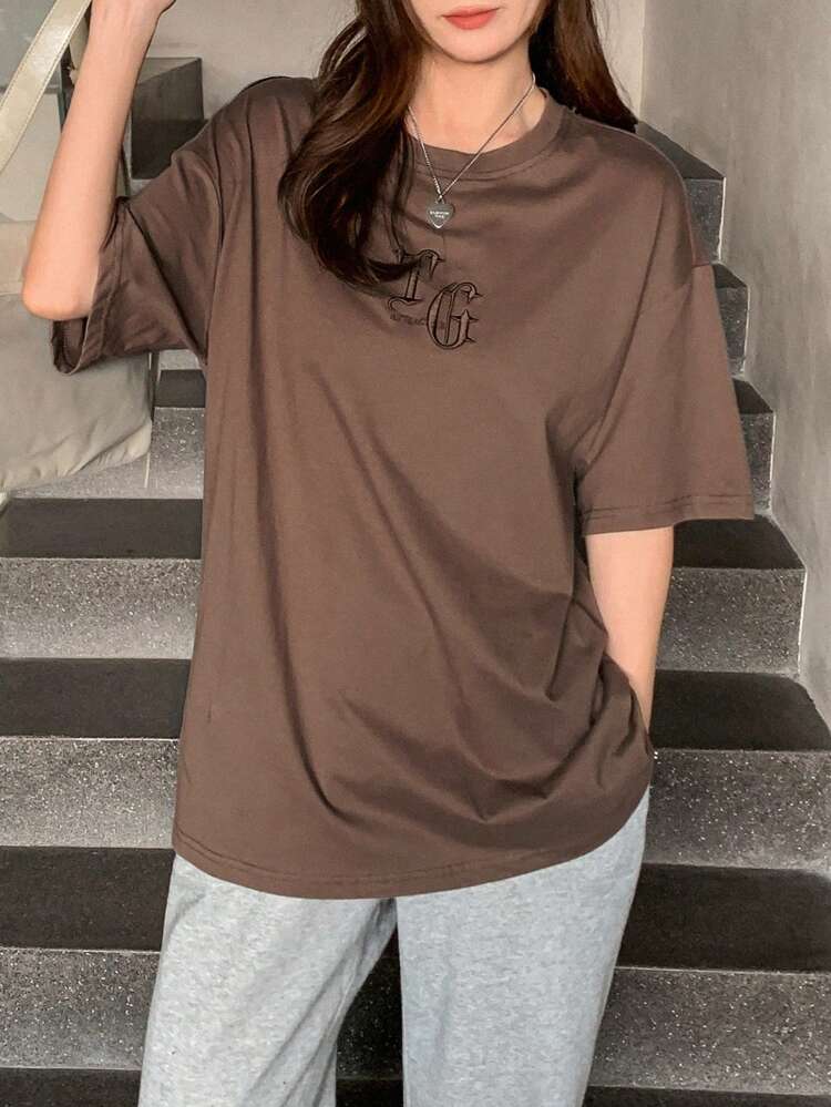 Embroidery Letter Pattern Drop Shoulder Tee Oversized T-Shirt Preppy Tops