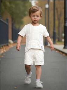 SHEIN 2pcs Toddler Boys Set - Letter Jacquard Round Neck Short Sleeve T-Shirt And Shorts, Daily Wear For Spring/Summer Getaways, Holidays, Travel, Relaxation, Sunbathing - White - View 8