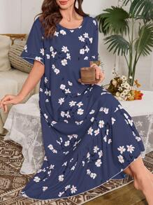 荷叶边下摆花卉印花长款睡裙，Moo Moo - 藏蓝色 - 查看 6