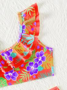 Young Girl Tropical Plant Print Ruffled Asymmetric Collar Bikini Set - Coral Orange - View 3