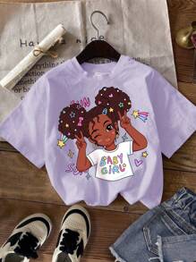 SHEIN Leap Crew 2 pièces/Set T-shirts imprimés de bandes dessinées décontractés pour jeune fille, convenant pour l'été - Multicolore - Voir 4