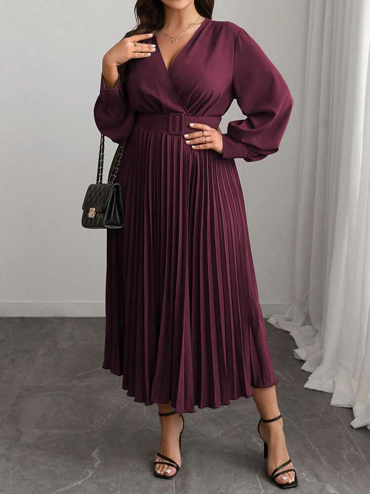 Elenzga Plus Size Women's V-Neck Solid Color A-Line Long Sleeve Dress, Elegant Office & Casual, With Waist Belt, Suitable For Spring, Autumn & Winter, For Christmas Maxi Women Outfit Fall Cloth For Women - Red Violet - View 6