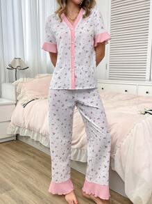 2pcs Contrast Ruffle Trim Cute Ditsy Floral Pajama Set - Pink - View 7