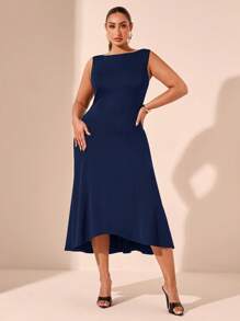SHEIN BAE Plus Size Women's Simple Solid Color Sleeveless Daily Dress, Suitable For Valentine's Day, Summer, Birthday, Formal Events, Parties, Minimalist Style - Navy Blue - View 6