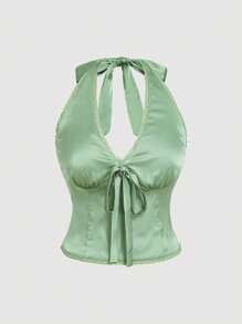 SHEIN MOD 大码女式纯色前系带吊带蕾丝时尚衬衫