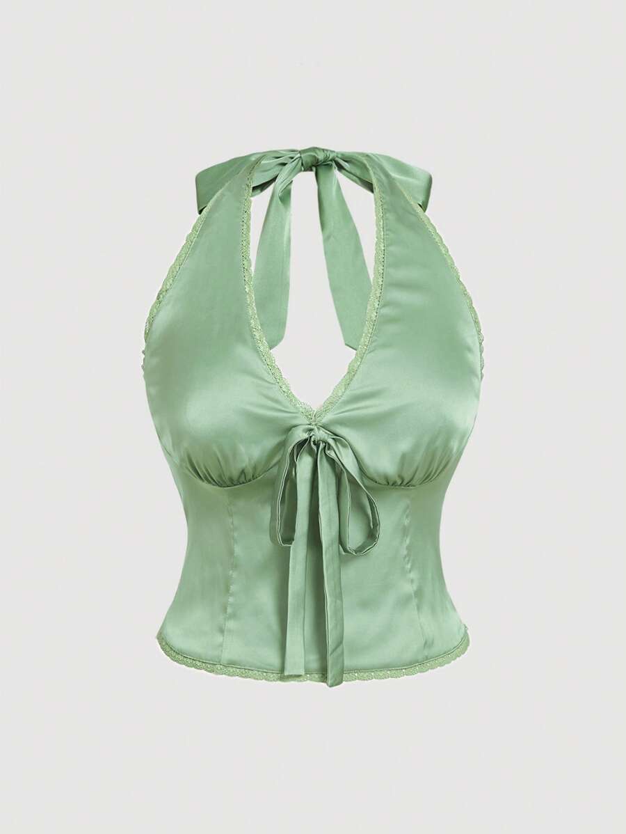 SHEIN MOD 大码女式纯色前系带吊带蕾丝时尚衬衫