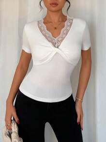 Chiquease Women V-Neck Lace Bodycon Short Sleeve Twist Front Top - White - View 6