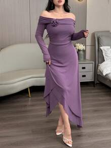Modelyn Off Shoulder Long Sleeve Bodycon Asymmetrical Hem Mesh Overlay Elegant Dress - Purple - View 4