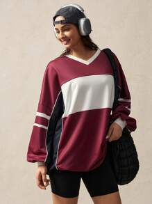 VARSITIE White & Red Stripe Patchwork Digital Print Loose Casual Sweatshirt - Multicolor - View 3