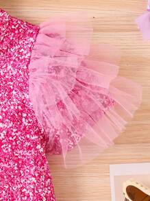 Tween Girls Loose Fit Dress With Bow, Rabbit Print, Faux Sequin Printed Sleeves, Mesh Ruffle Hem, Pink - Multicolor - View 4