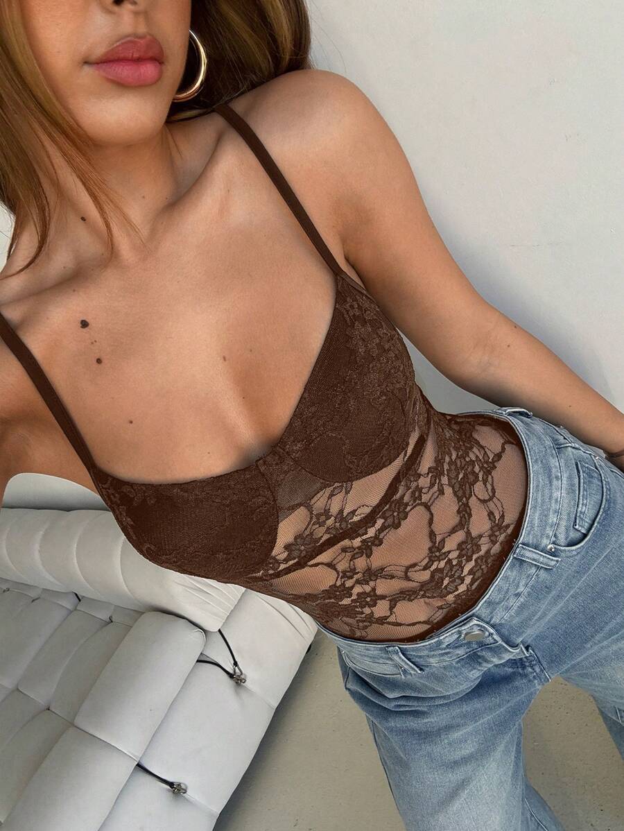 Aloruh Sexy Lace Sheer One-Piece Bodysuit For Summer - Coffee Brown - View 1