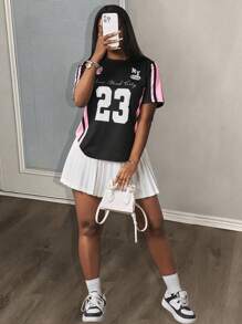 Slaydiva Graphic Tees Women Streetwear For Women Gyaru New Spring And Summer Casual Street Black With Pink Stripes 23 Letter Slogan Logo Full Printed Women's T-Shirt-B - Black - View 4