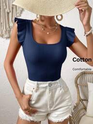 SHEIN VCAY Maglietta a maniche corte a costine con colore unito