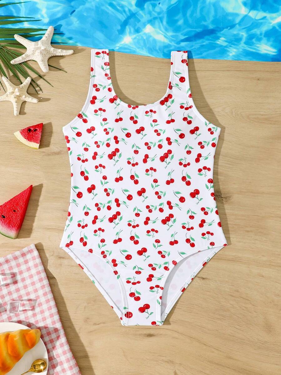 SHEIN Tween Girl' One-Piece Swimsuit, Random Fruit Print - Red and White - View 1