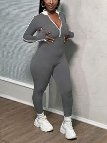 Slaydiva Women's Contrast Color Splice Long Sleeve Jumpsuit - Grey - View 5