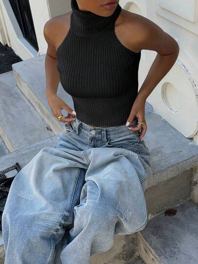 Flirla Slim Fit High Collar Women Knitted Top, Minimalist & Fashionable For Summer