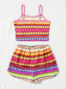 SHEIN Tween Girl Jacquard Knit Top & Loose Shorts 2 Pieces Vacation Set