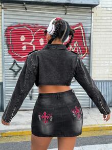 SHEIN ICON Plus Size Vintage Dark Color Denim Short Waist Belt Jacket - Black - View 2