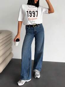 EURMUSE 女士字母图案短袖 T 恤正面印有文字外出 - 奶油色 - 查看 5