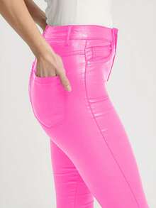 MYOURSA 弹力涂层仿皮紧身裤，七分打底裤，适合派对、街头风、夜店装扮，亮粉色，春季百搭 - 粉色 - 查看 4