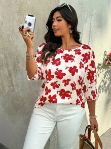 SHEIN LUNE Áo thun tay cánh dơi in hoa cỡ lớn thường ngày đi nghỉ - Nhiều màu - Xem 3