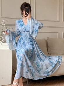 DAZY Spring Floral V-Neck Ruffle Hem Mid-Length Dress For Women,Fall Dress Long Sleeve Dress Easter - Blue - View 8