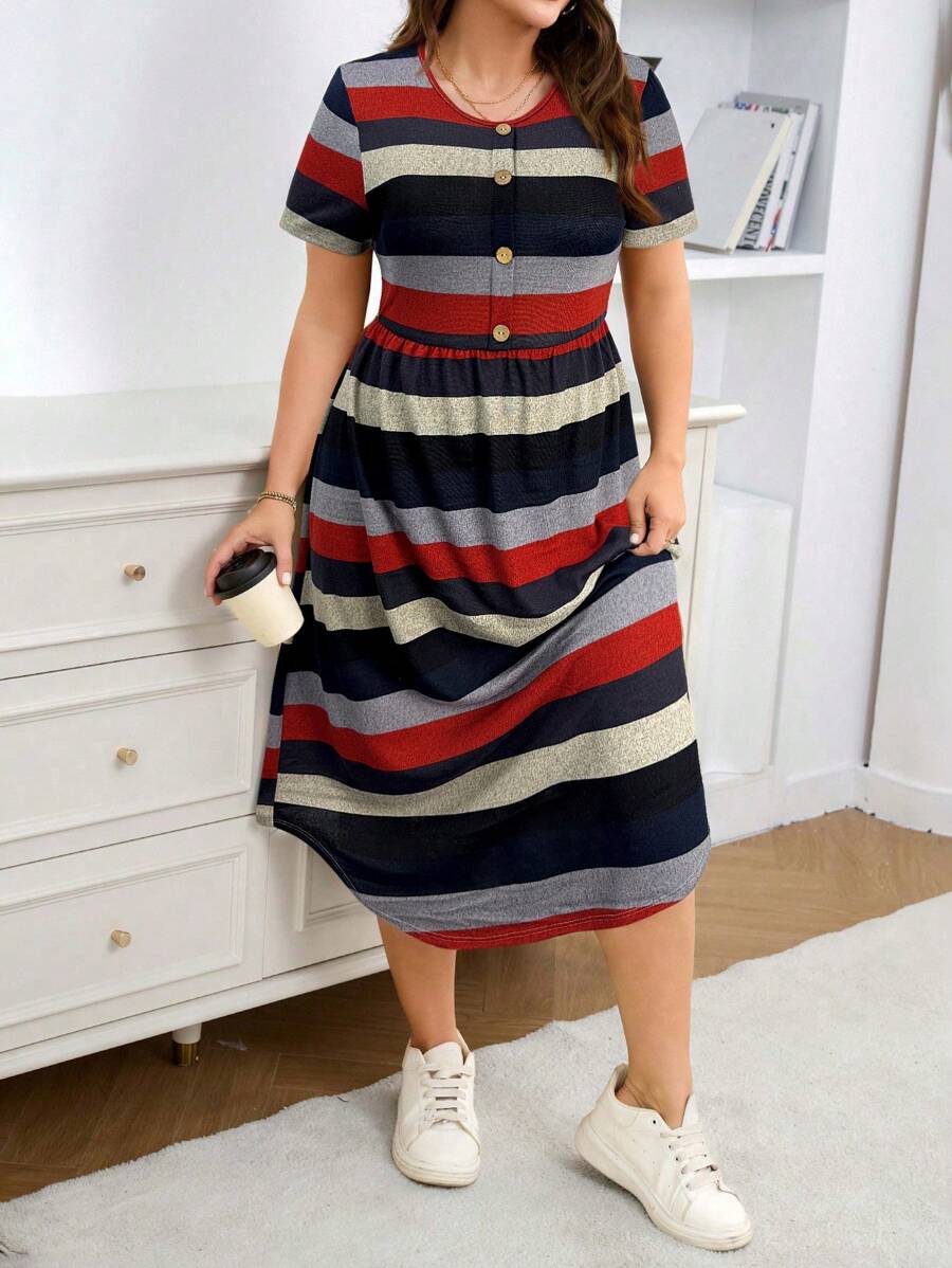 SHEIN LUNE SHEINLUNE Plus Size Women Striped Short Sleeve Knit Casual Dress, Vacation Outfits Woman,Modest Dresses For Women,Airport Outfit For Women,Boho Dress Women,Spring Dress,Resort Wear Women,Club Dress,Tropical Dress,Spring - Red - View 1