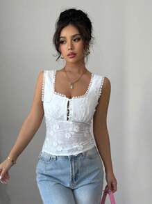 Selianne 女士优雅别致办公室休闲舒适度假无袖收腰后半襟荷叶边刺绣面料纯色衬衫