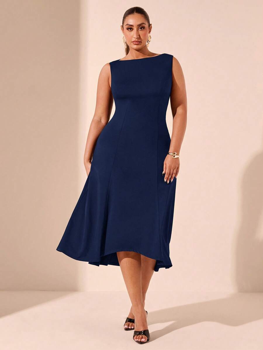 SHEIN BAE Plus Size Women's Simple Solid Color Sleeveless Daily Dress, Suitable For Valentine's Day, Summer, Birthday, Formal Events, Parties, Minimalist Style - Navy Blue - View 1