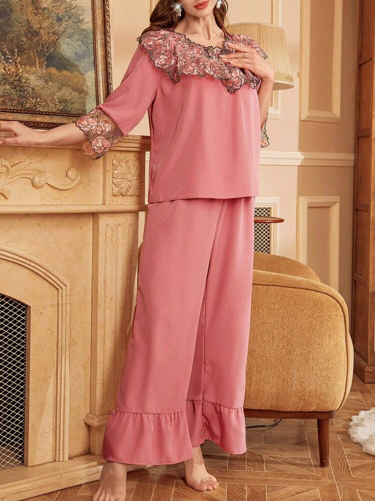 Elegant Vintage Palace Style Contrast Color Lace Women Pajama Set - Dusty Pink - View 1