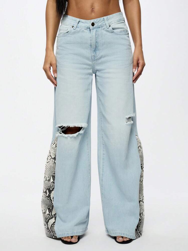 SUMWON WOMEN Flared Wide Leg Ripped Denim Jeans