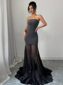 Elenzga Nouvelle robe de soirée de luxe pour femmes, robe élégante à ourlet asymétrique avec design patchwork noir - Noir - Voir 6