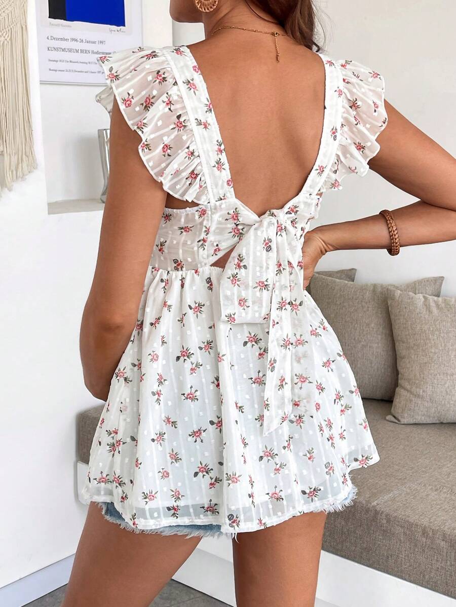 SHEIN Maternity Vacation Ditsy Floral Ruffle Tie Back Blouse - Pink - View 1