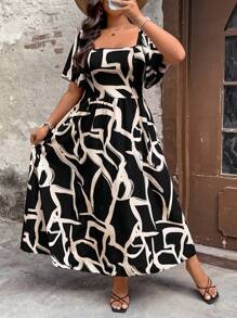 SHEIN Clasi 女士方领喇叭袖荷叶边下摆褶皱收腰花卉印花超长沙滩裙 - 黑色 - 查看 4