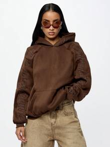 SUMWON WOMEN Oversized Slouchy Hoodie With Sleeve Script Premium Heavyweight Cotton Blend Kangaroo Pocket Sweatshirt Fall Winter Essential Streetwear Athleisure