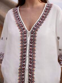 Maija Plus Size Women Summer Long Sleeves V-Neck Bohemian Prints Country Concert Tops - White - View 6